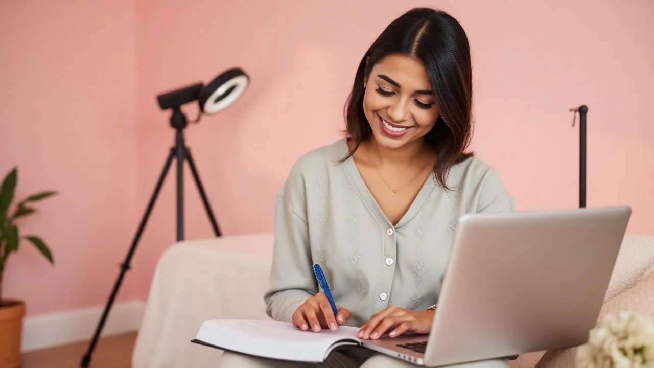 Mujer joven tomando notas frente a un computador en una sala luminosa