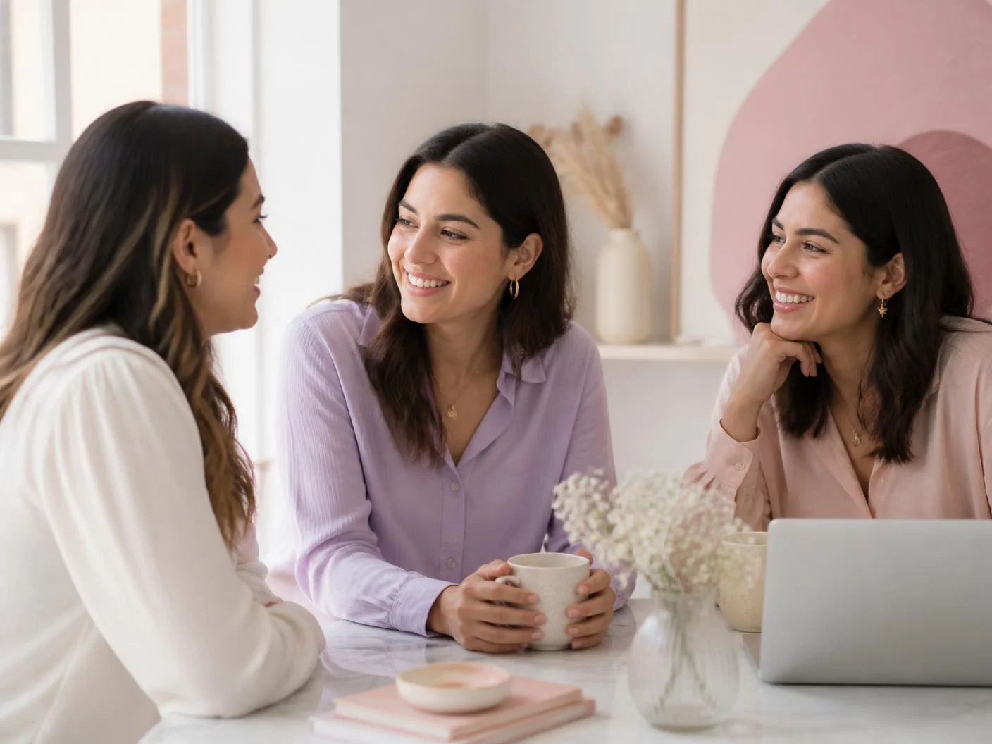 Tres mujeres conversando en un espacio luminoso y acogedor