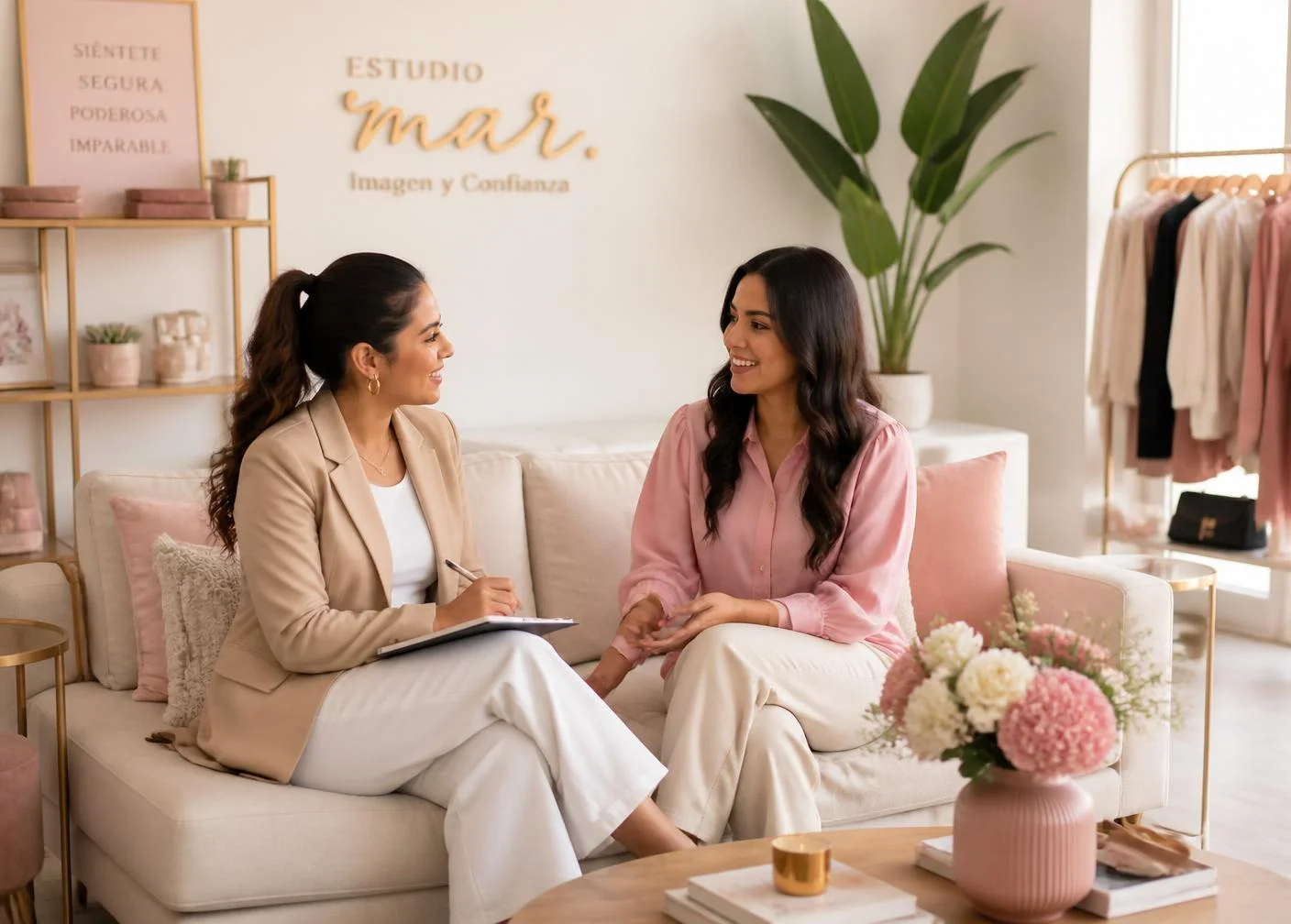 Dos mujeres conversando en la zona de acompañamiento del estudio